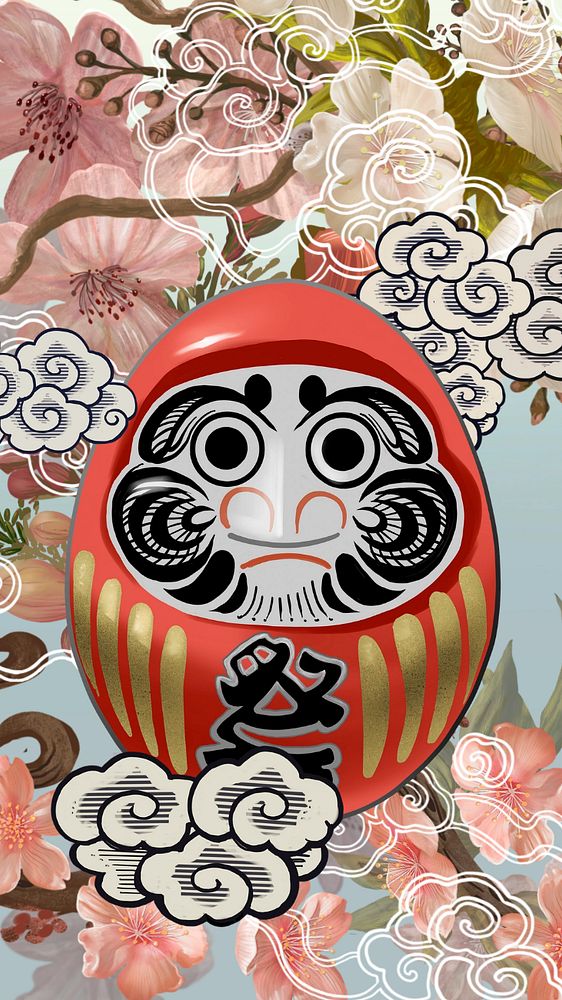 Japanese Daruma doll mobile wallpaper, vintage traditional background, editable design