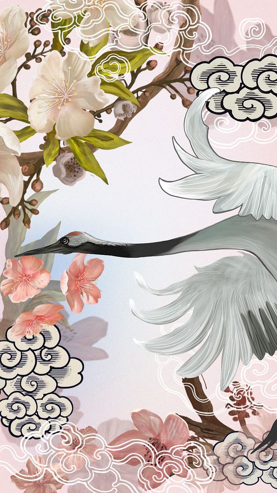 Flying Japanese crane iPhone wallpaper, traditional animal illustration, editable design