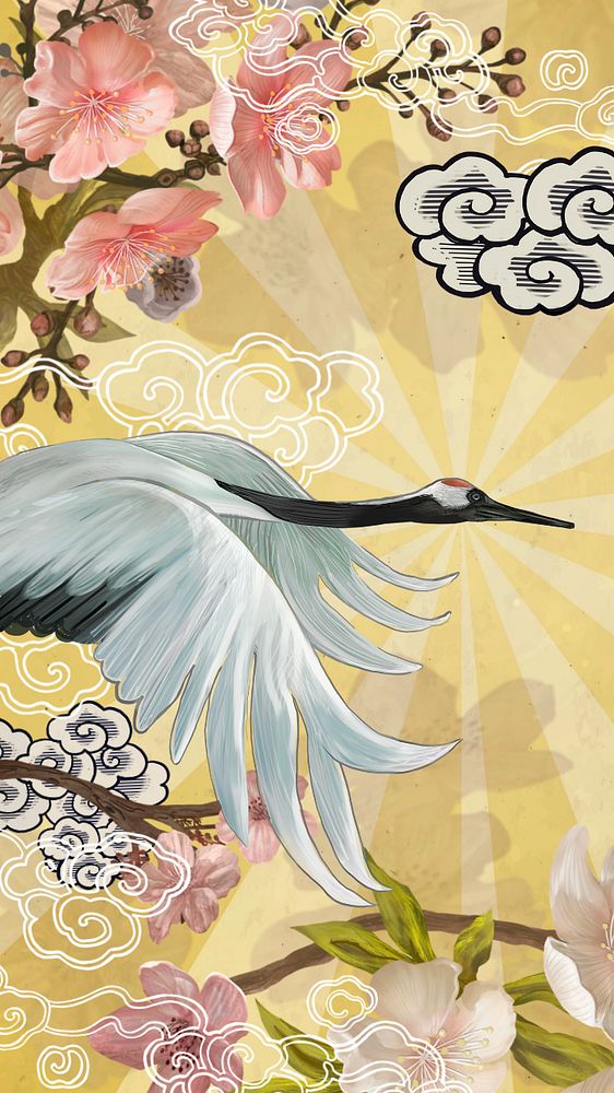 Flying Japanese crane iPhone wallpaper, traditional animal illustration, editable design