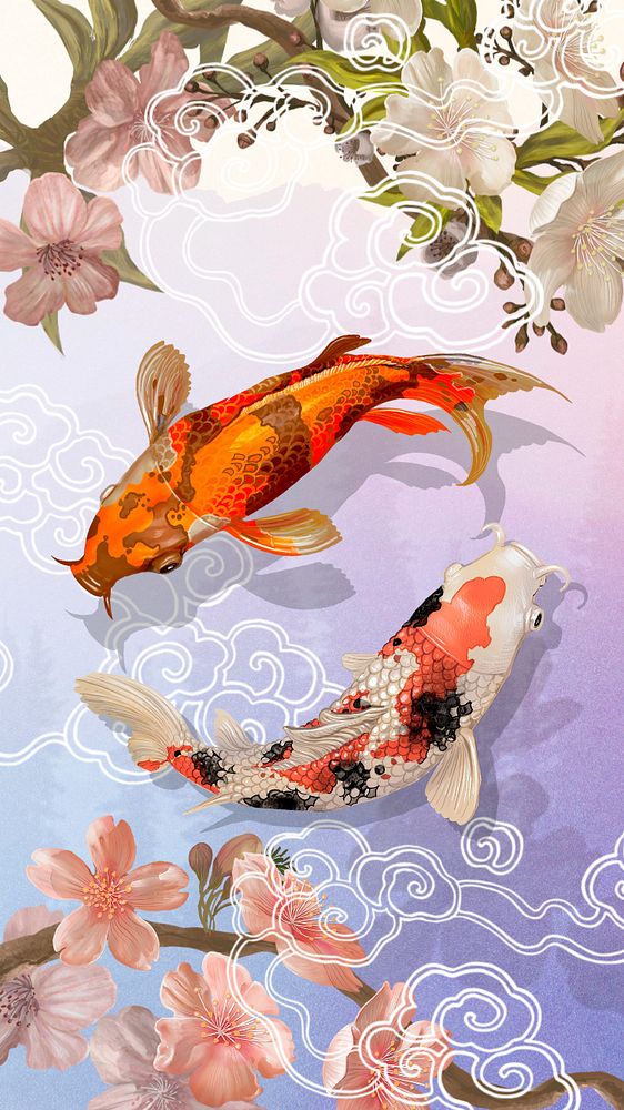 Traditional Koi fish phone wallpaper, Japanese animal illustration, editable design