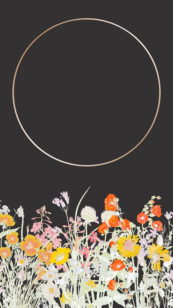 Editable vintage flower phone wallpaper, round gold frame illustration design