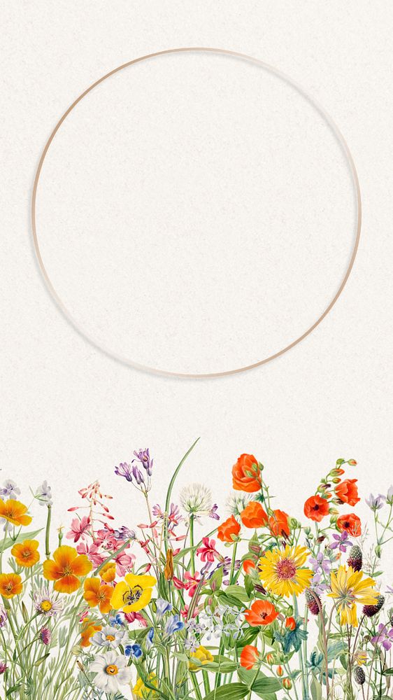 Editable vintage flower phone wallpaper, round gold frame illustration design