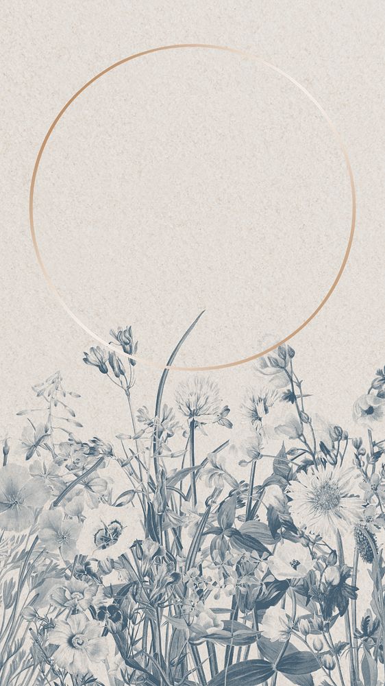 Editable vintage flower phone wallpaper, round gold frame illustration design