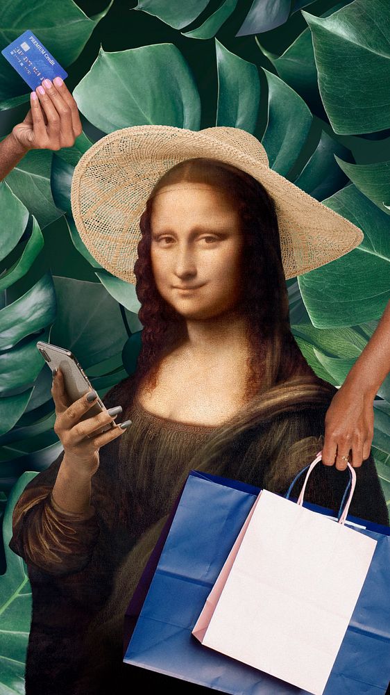 Mona Lisa shopping phone wallpaper. Remixed by rawpixel.