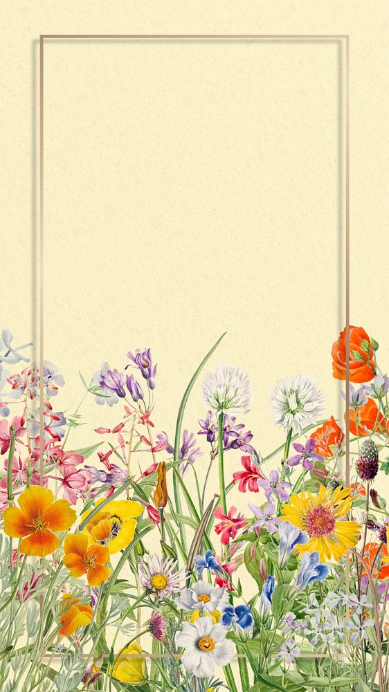 Floral gold frame phone wallpaper, editable vintage flower illustration design