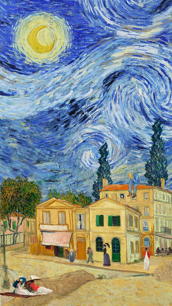 Van Gogh's city mobile wallpaper, editable famous painting collage design, remixed by rawpixel