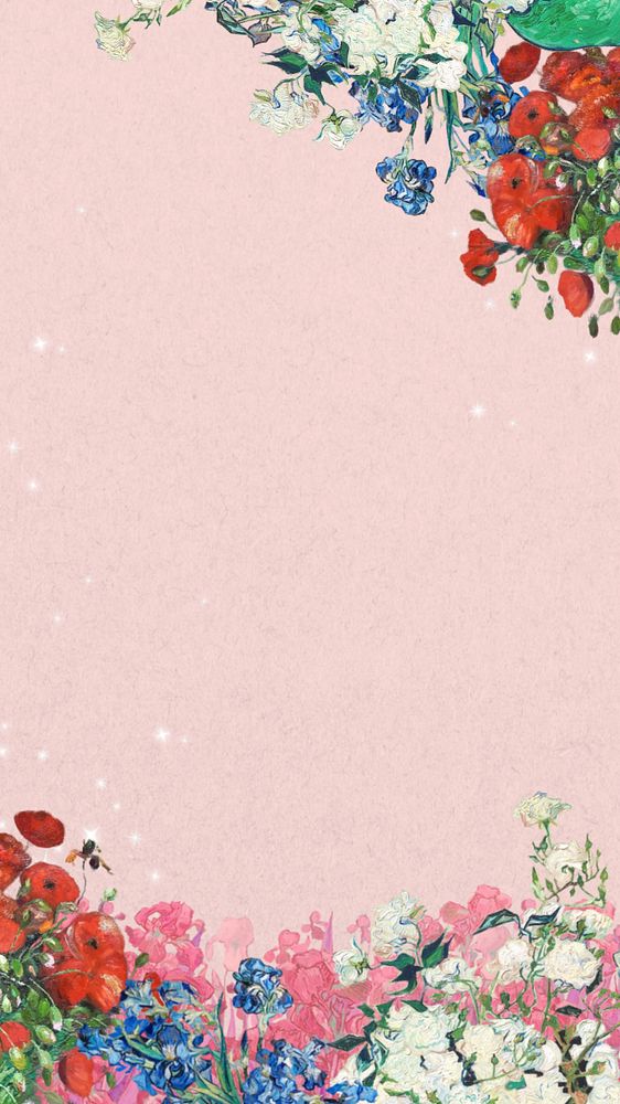 Floral border pink mobile wallpaper, editable famous flower painting design, remixed by rawpixel