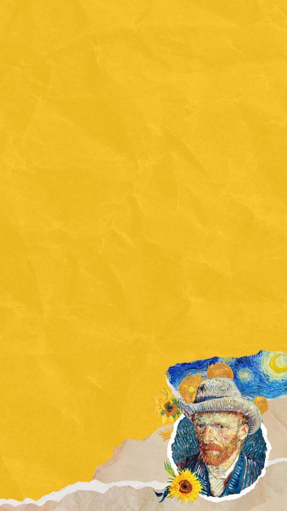 Van Gogh's self-portrait phone wallpaper, editable wrinkled yellow paper texture design, remixed by rawpixel