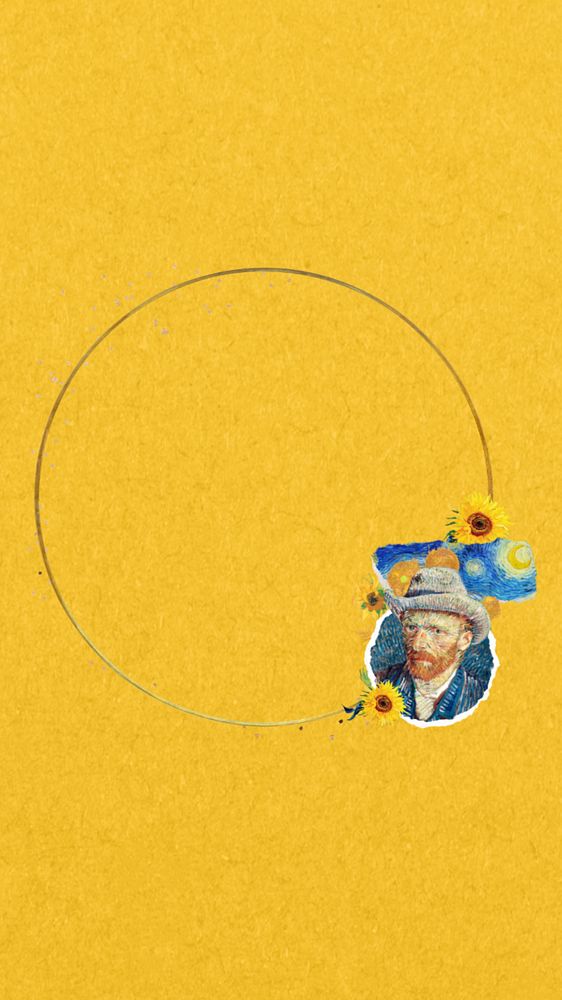 Van Gogh's self-portrait mobile wallpaper, round gold frame collage design, remixed by rawpixel