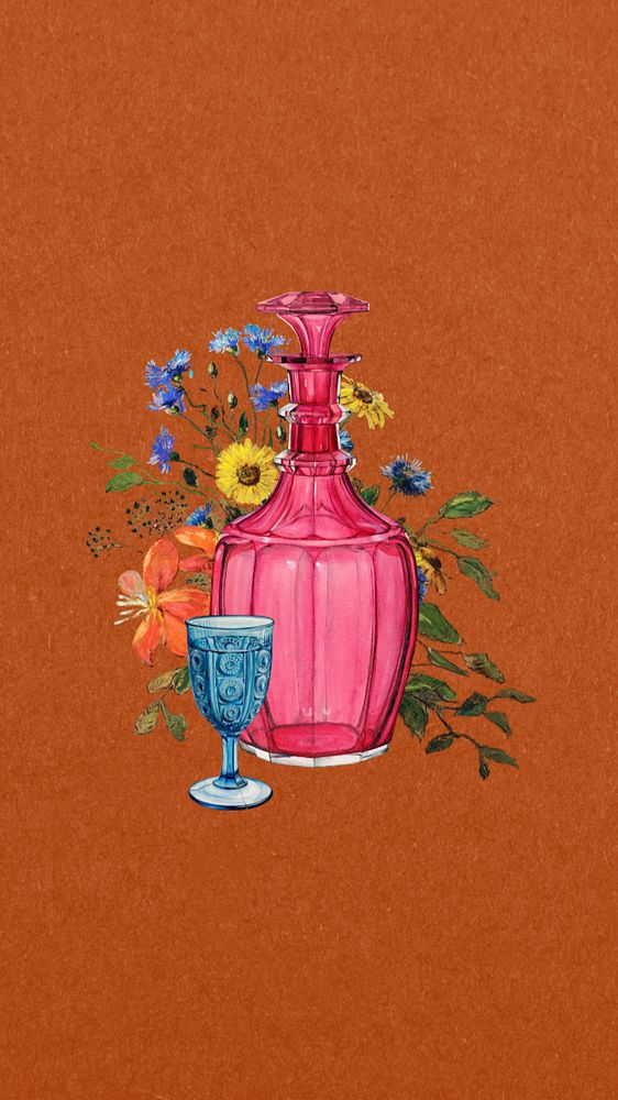 Floral pink bottle iPhone wallpaper, editable design. Famous art remixed by rawpixel.