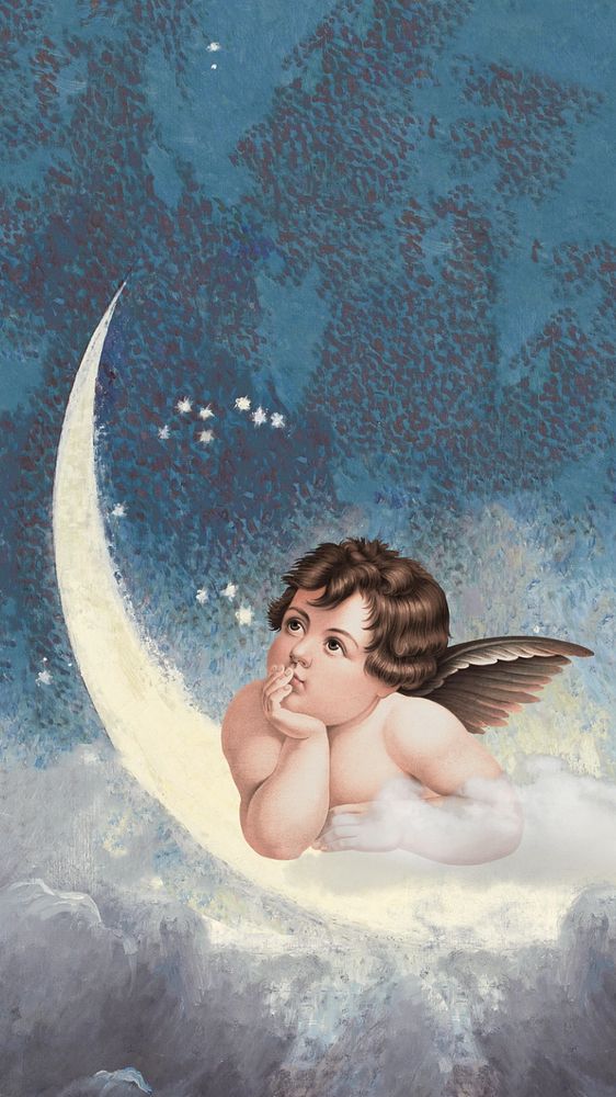 Vintage cherub mobile wallpaper, editable crescent moon design, remixed by rawpixel