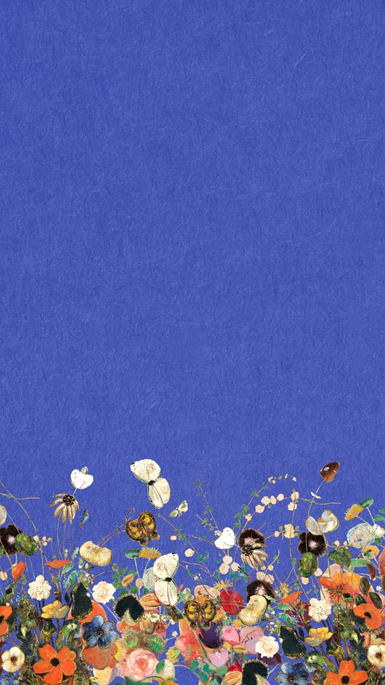 Floral border blue phone wallpaper, editable famous oil painting design, remixed by rawpixel