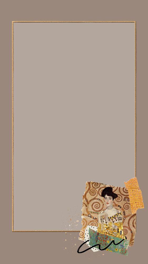 Gustav Klimt's brown mobile wallpaper, editable Portrait of Adele Bloch-Bauer I, gold frame collage design, remixed by…