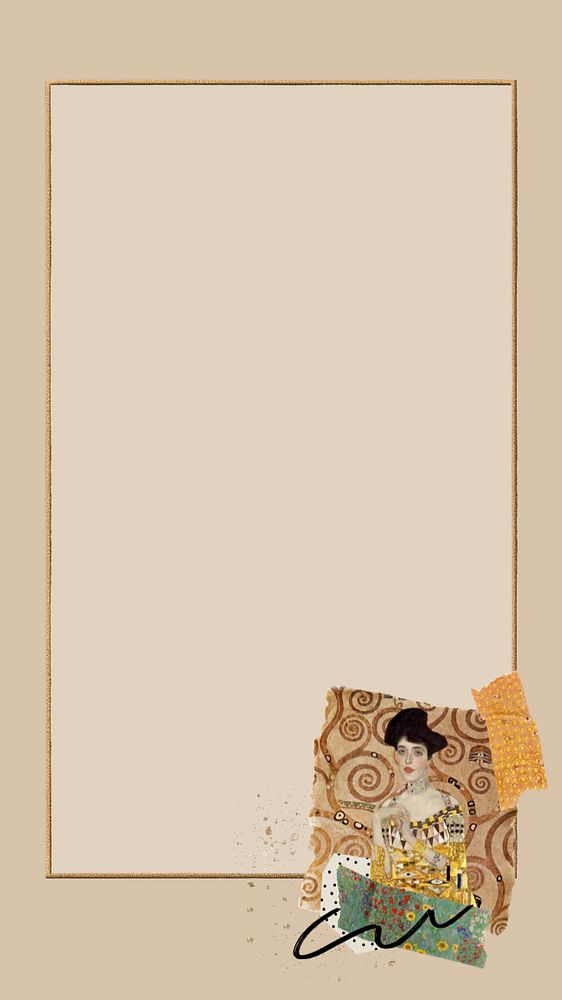 Gustav Klimt's beige mobile wallpaper, editable Portrait of Adele Bloch-Bauer I, gold frame collage design, remixed by…