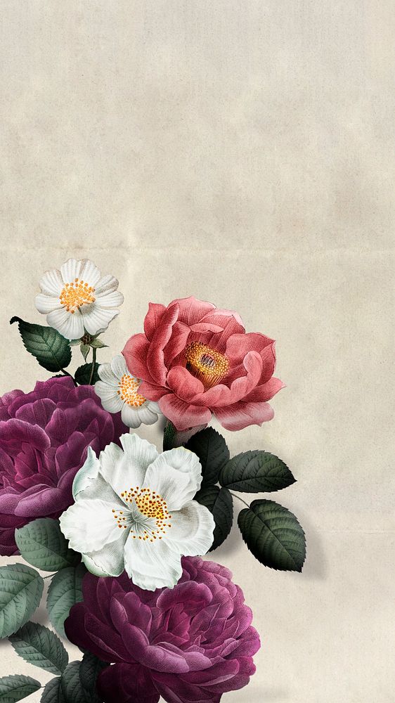 Watercolor flower border mobile wallpaper, editable vintage botanical illustration