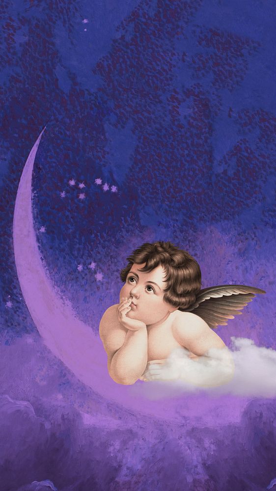 Vintage cherub mobile wallpaper, editable purple crescent moon design, remixed by rawpixel