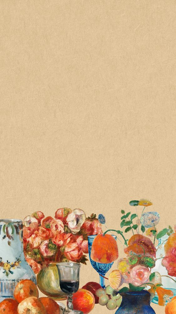 Vintage beige mobile wallpaper, editable famous painting border design, remixed by rawpixel