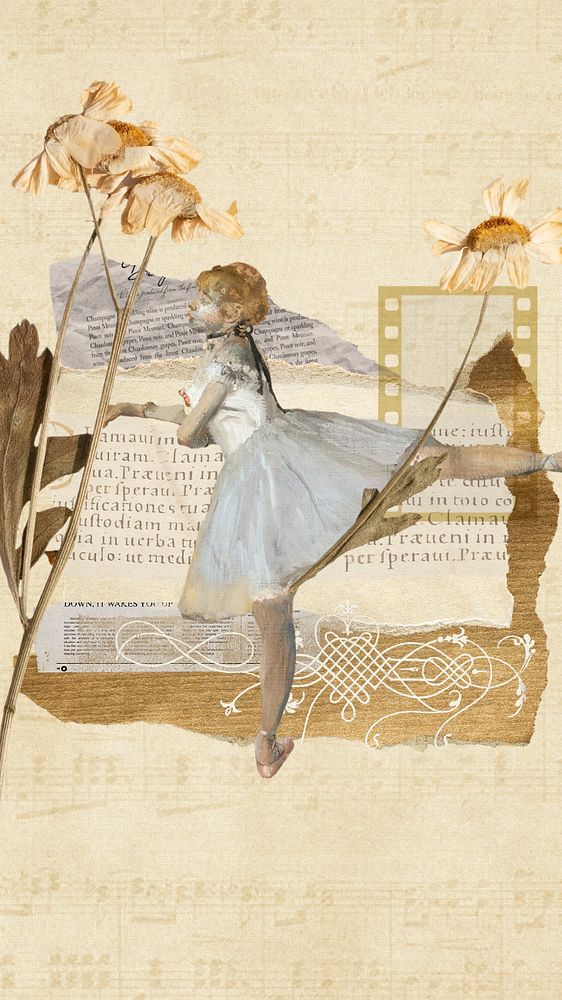 Ballerina aesthetic collage iPhone wallpaper, vintage paper textured background, editable design