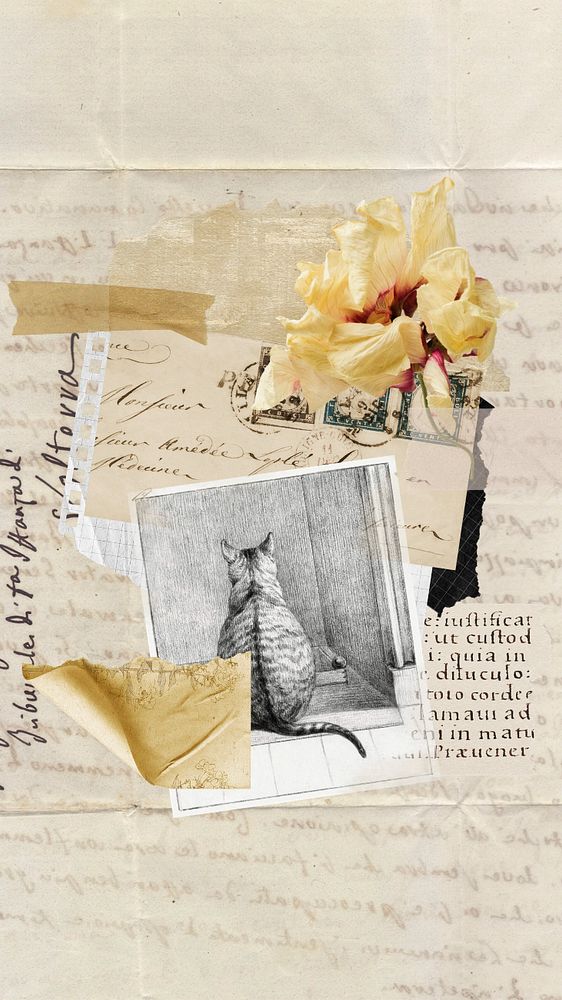 Vintage cat flower iPhone wallpaper, paper collage background, editable design