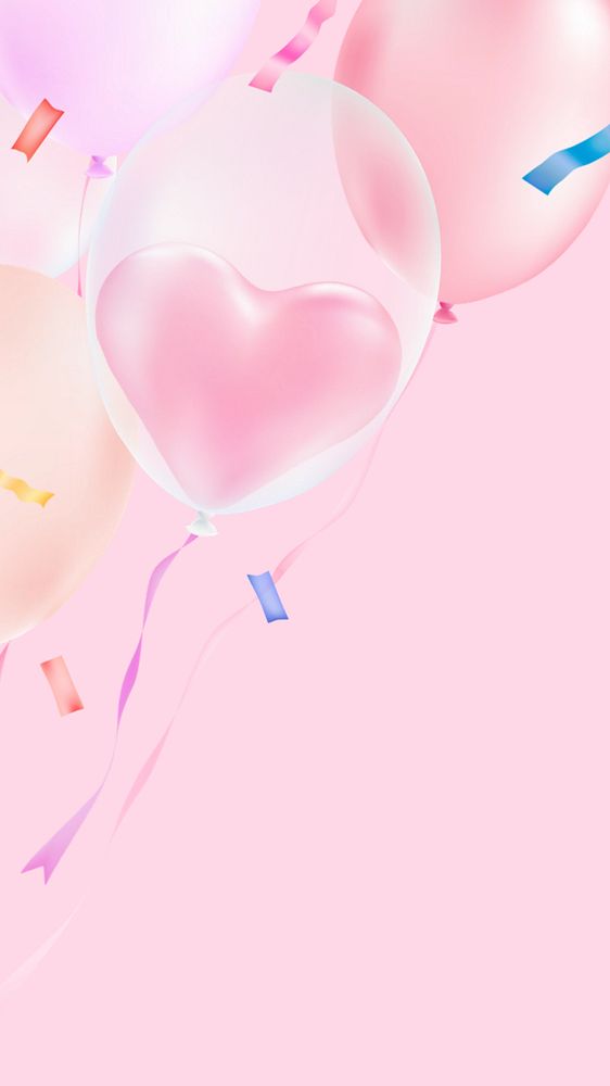 Pink heart balloons mobile wallpaper, editable cute design