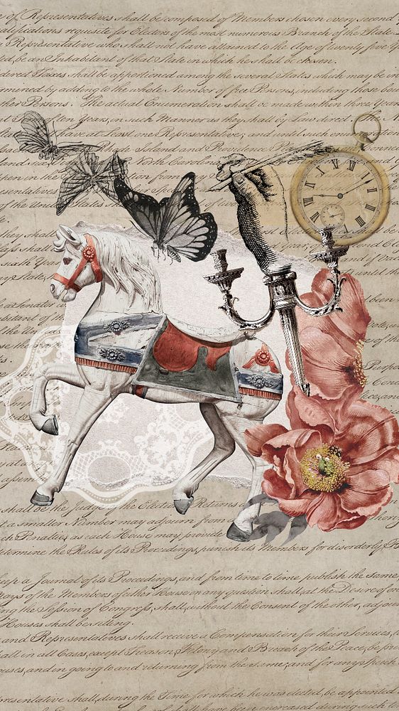 Aesthetic horse carousel iPhone wallpaper, vintage collage background, editable design