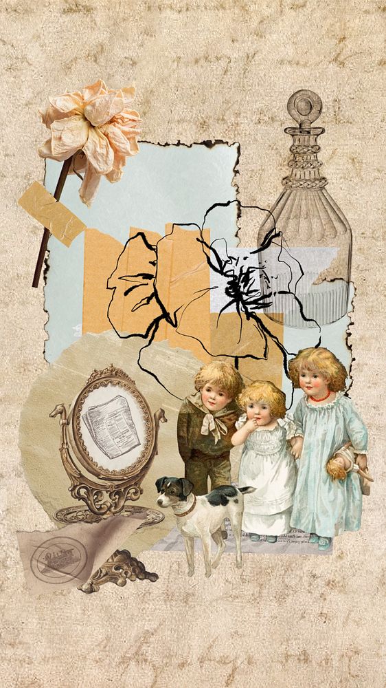 Antique objects collage iPhone wallpaper, ephemera background, editable design