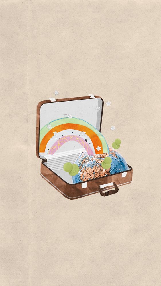 Aesthetic rainbow luggage iPhone wallpaper, travel collage, editable design