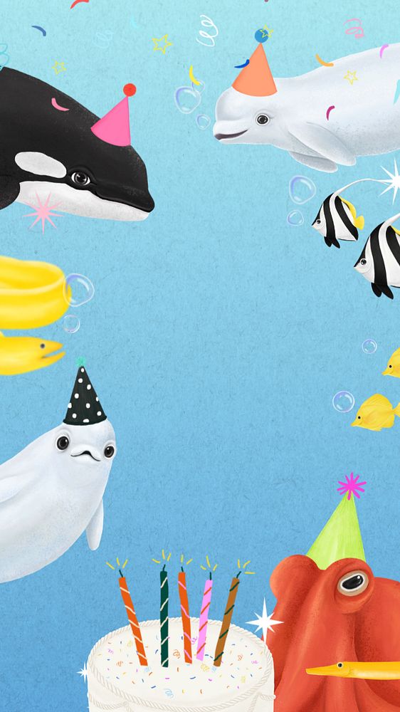 Sea animal birthday iPhone wallpaper, editable illustration background