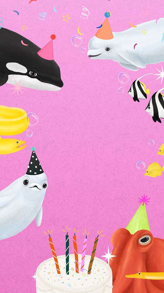 Sea animal birthday iPhone wallpaper, editable illustration background