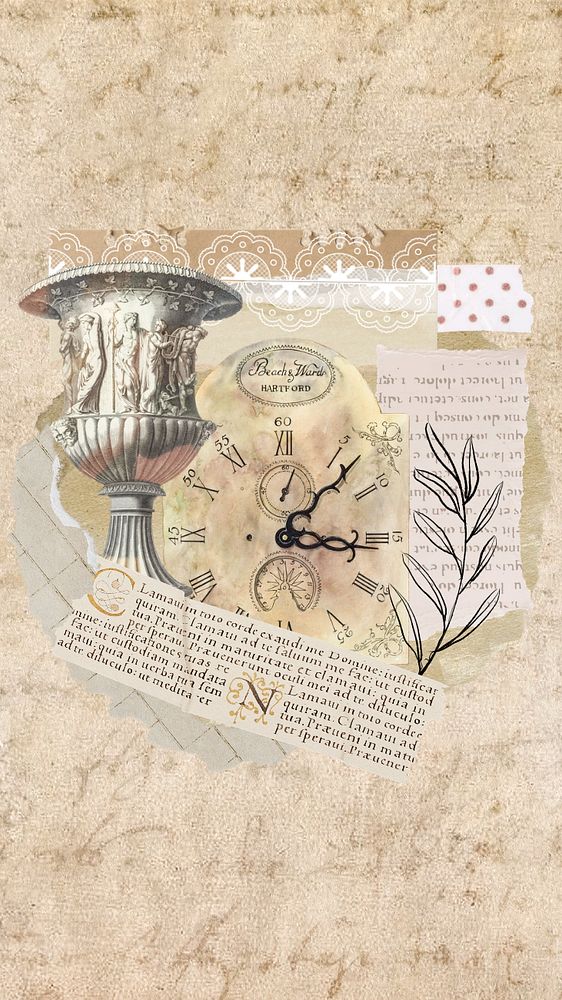 Antique objects collage iPhone wallpaper, ephemera background, editable design