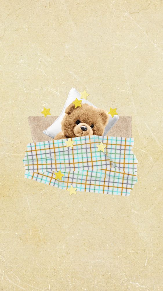 Sleeping teddy bear mobile wallpaper, editable vintage collage remix design