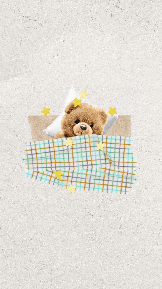 Sleeping teddy bear phone wallpaper, editable vintage collage remix design