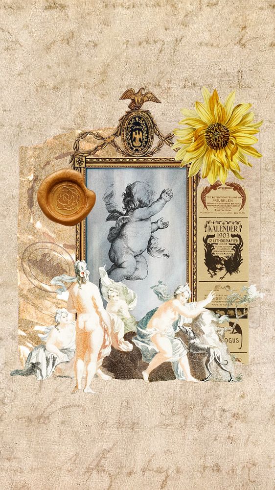 Vintage Greek cherub iPhone wallpaper, paper collage background, editable design