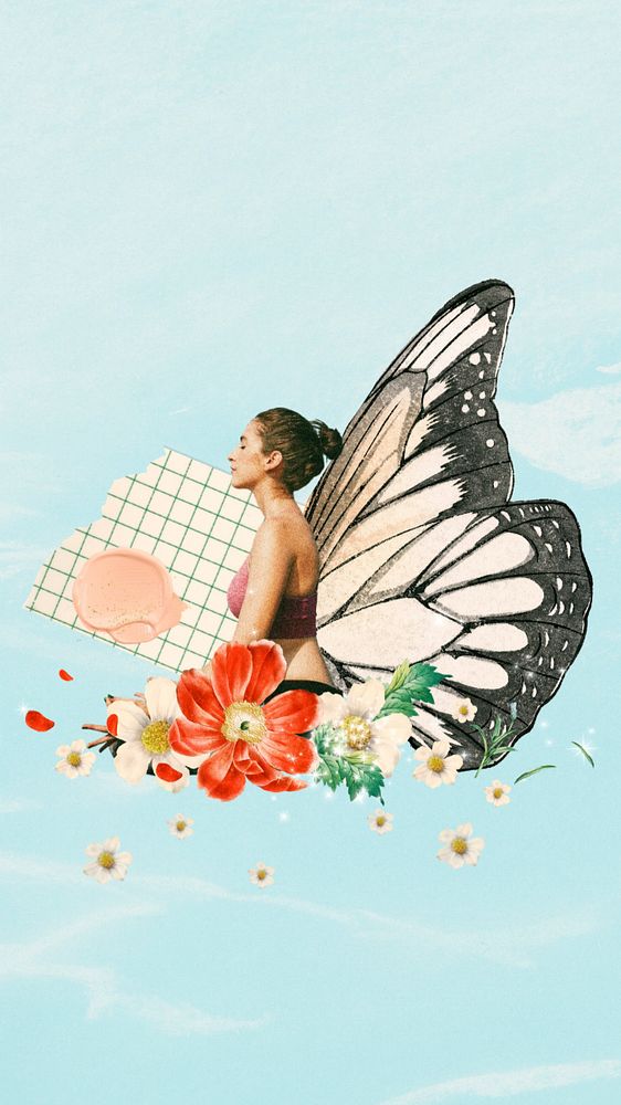 Surreal butterfly-winged woman phone wallpaper, aesthetic floral remix background, editable design