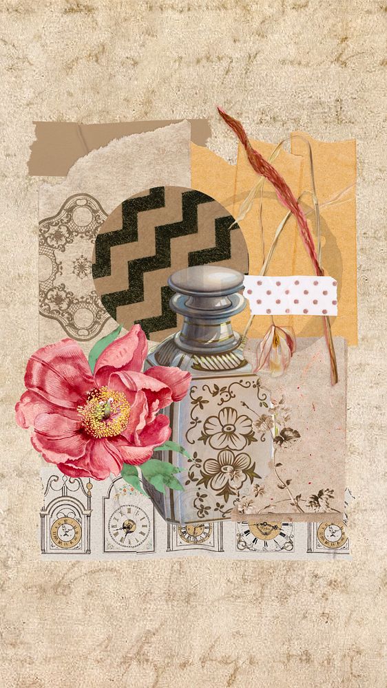 Vintage flower collage iPhone wallpaper, paper crafts background, editable design