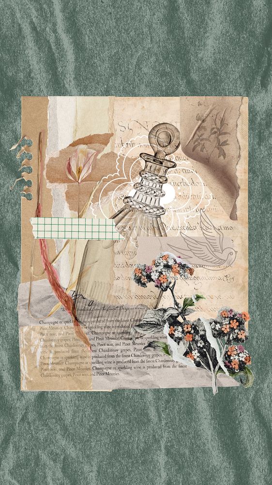 Vintage floral scrapbook iPhone wallpaper, ripped paper background, editable design