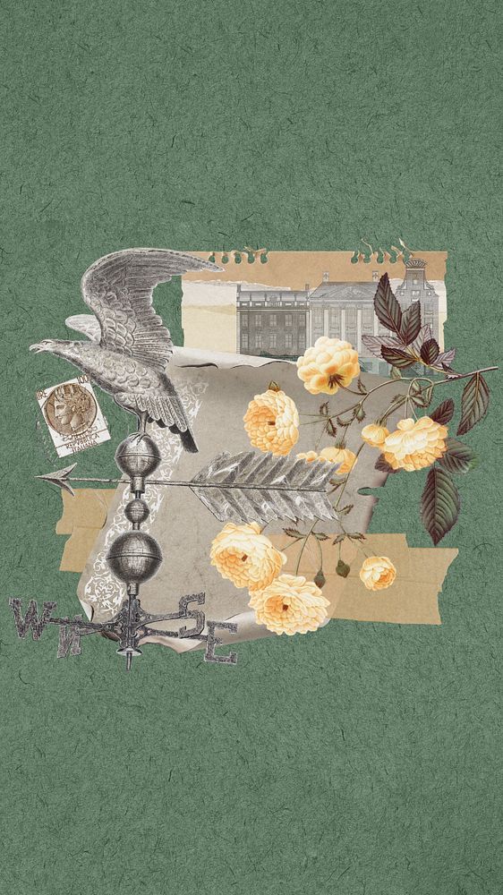 Vintage weather vane iPhone wallpaper, flower collage background, editable design