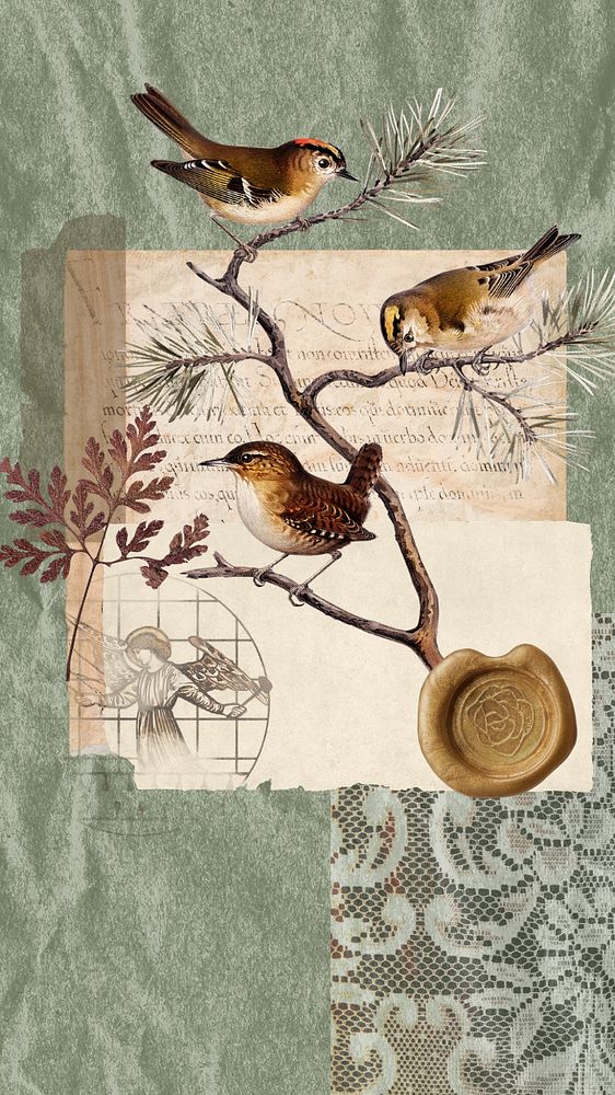 Autumn bird collage iPhone wallpaper, nature aesthetic background, editable design