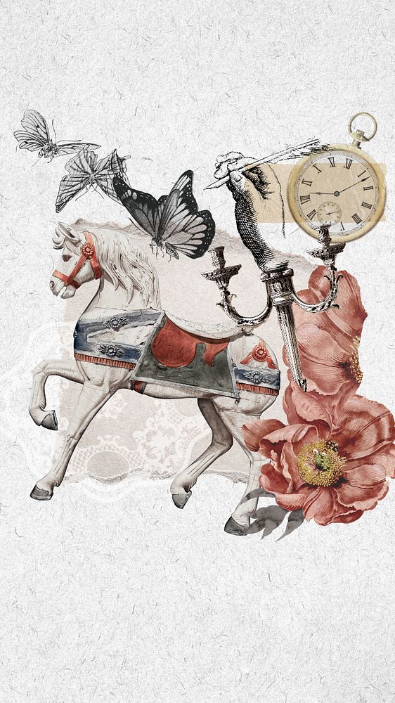 Aesthetic horse carousel iPhone wallpaper, vintage collage background, editable design