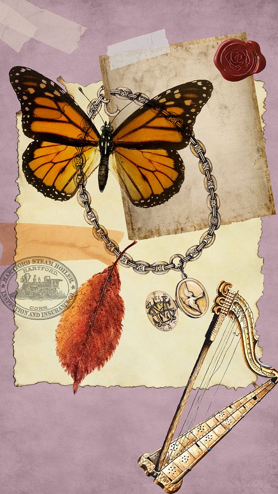 Vintage butterfly collage iPhone wallpaper, paper crafts background, editable design