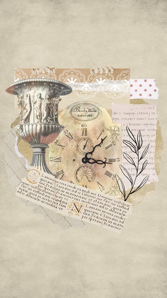 Antique objects collage iPhone wallpaper, ephemera background, editable design