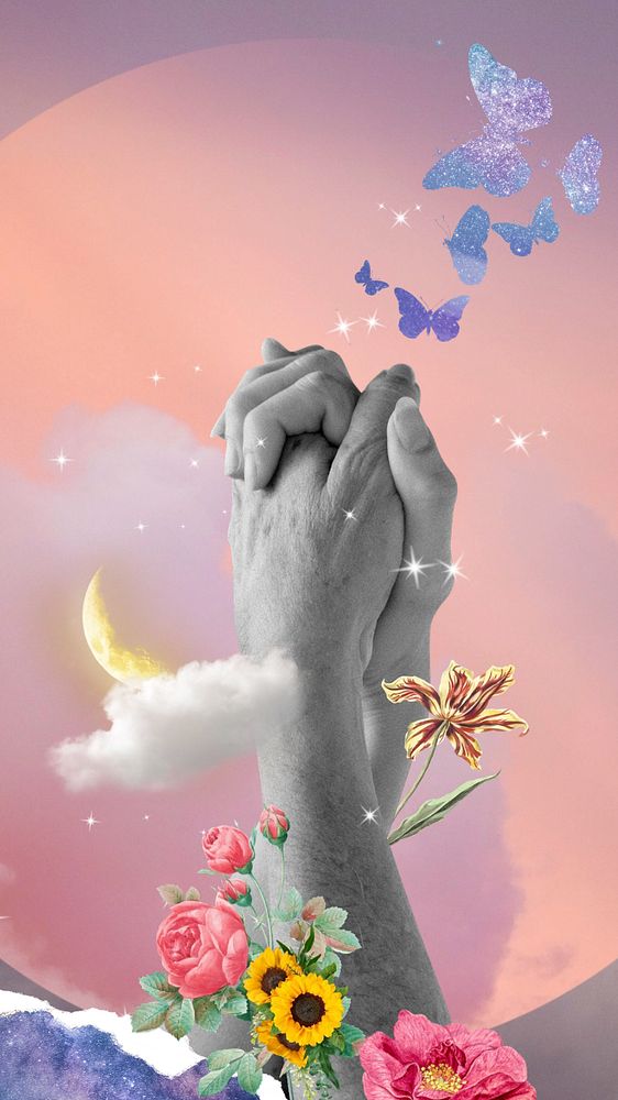 Couple holding hands iPhone wallpaper, surreal flower remix, editable design