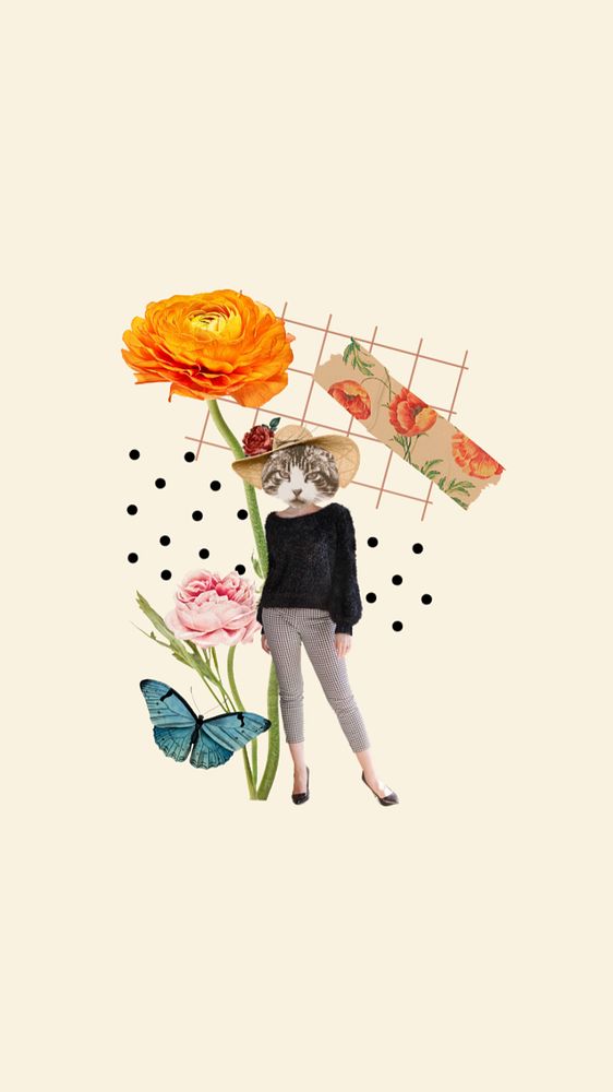 Editable anthropomorphic cat collage art, fashionable cat with flowers and butterfly  iPhone wallpaper