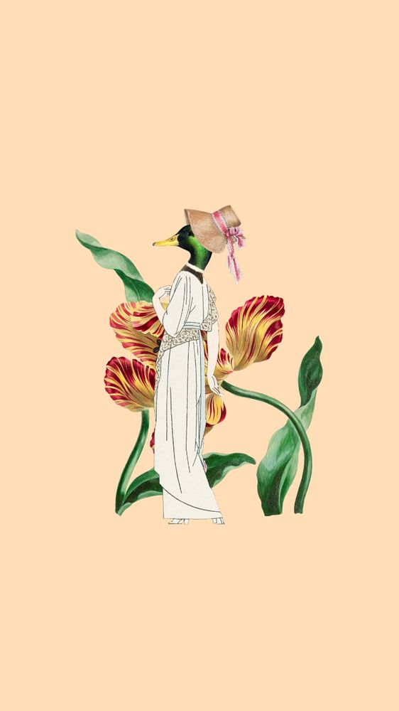 Editable duck in bonnet and flower anthropomorphic collage art  iPhone wallpaper