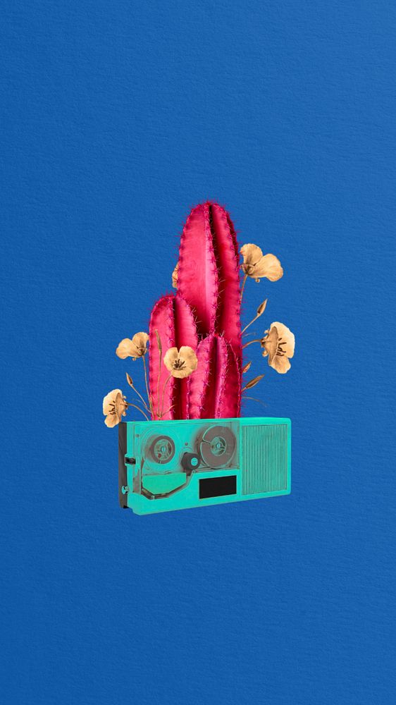 Editable retro cactus and VHS collage iPhone wallpaper