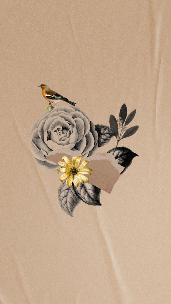 Editable bird and flower Ephemera collage element  iPhone wallpaper