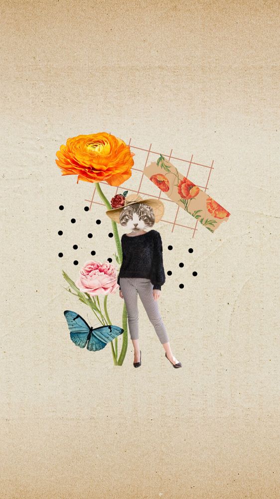 Editable anthropomorphic cat collage art, fashionable cat with flowers and butterfly  iPhone wallpaper