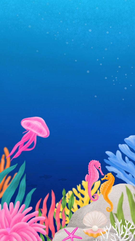 Coral reef, blue iPhone wallpaper, editable illustration background