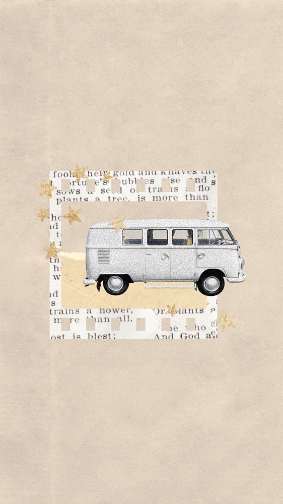 Aesthetic travel van phone wallpaper, editable classic car collage remix design