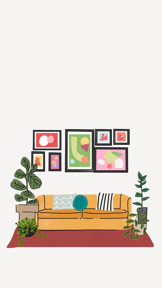 Retro living room phone wallpaper, editable remix home interior design